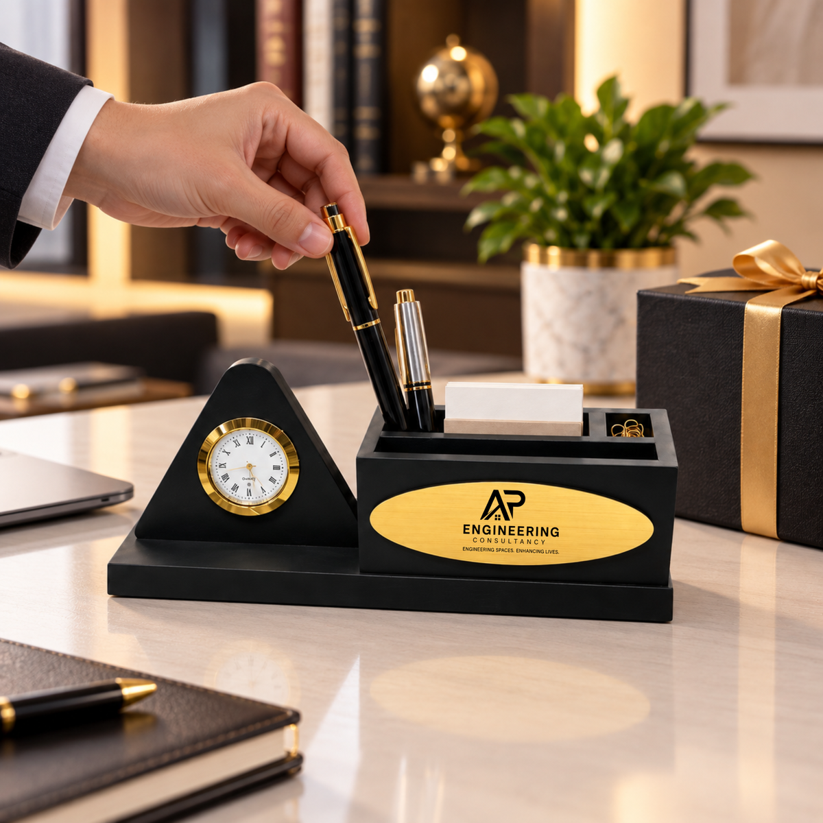 Premium Wooden Desk Organizer with Table Clock & Pen Holder
