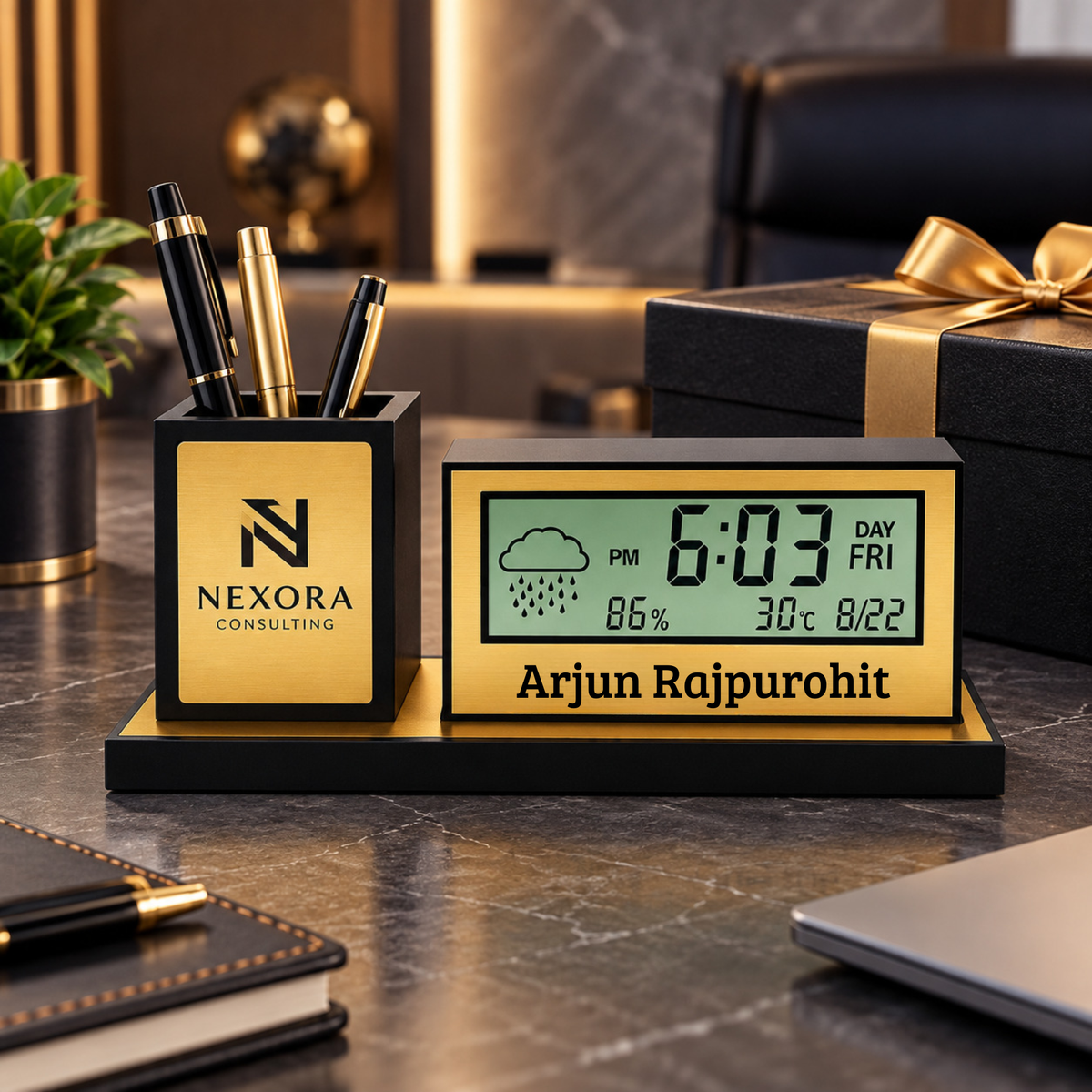Desk Organizer with LED Digital Clock & Pen Stand | Personalized Corporate Gift