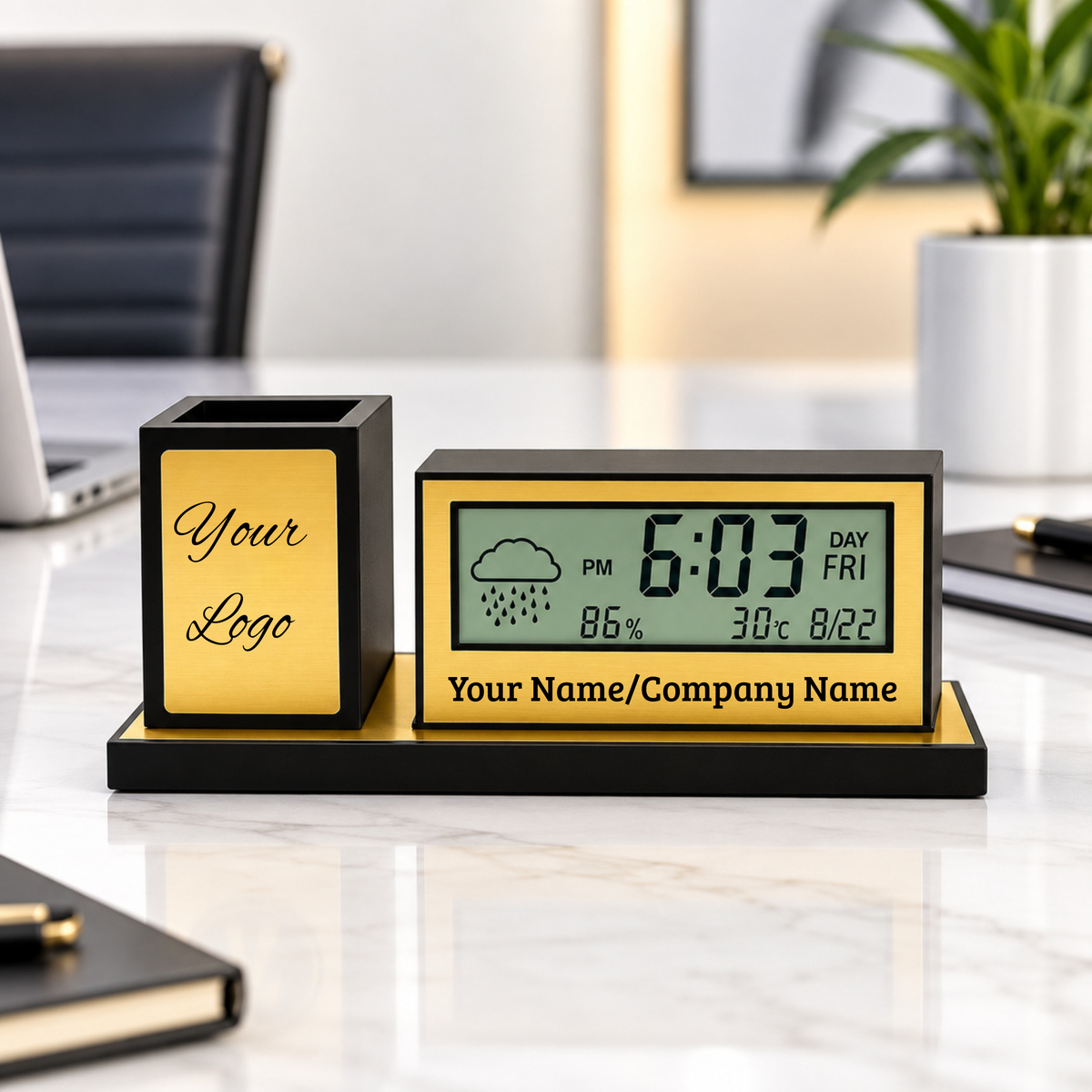 Desk Organizer with LED Digital Clock & Pen Stand | Personalized Corporate Gift