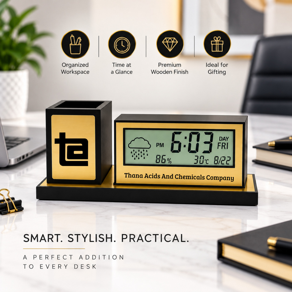 Desk Organizer with LED Digital Clock & Pen Stand | Personalized Corporate Gift