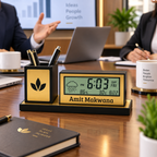 Desk Organizer with LED Digital Clock & Pen Stand | Personalized Corporate Gift