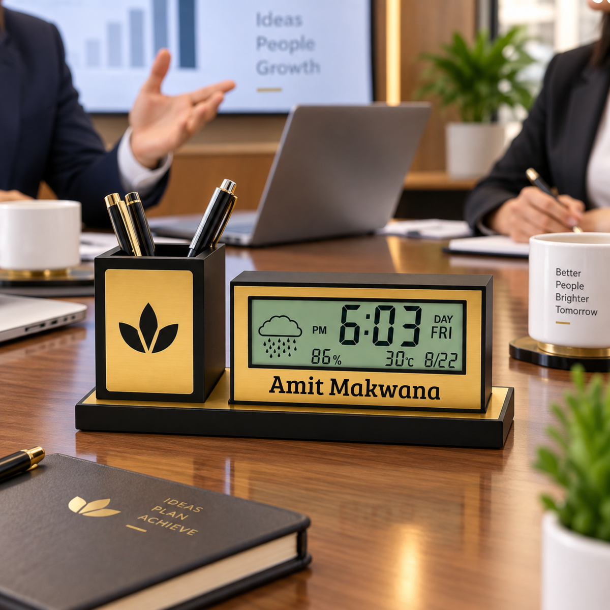 Desk Organizer with LED Digital Clock & Pen Stand | Personalized Corporate Gift