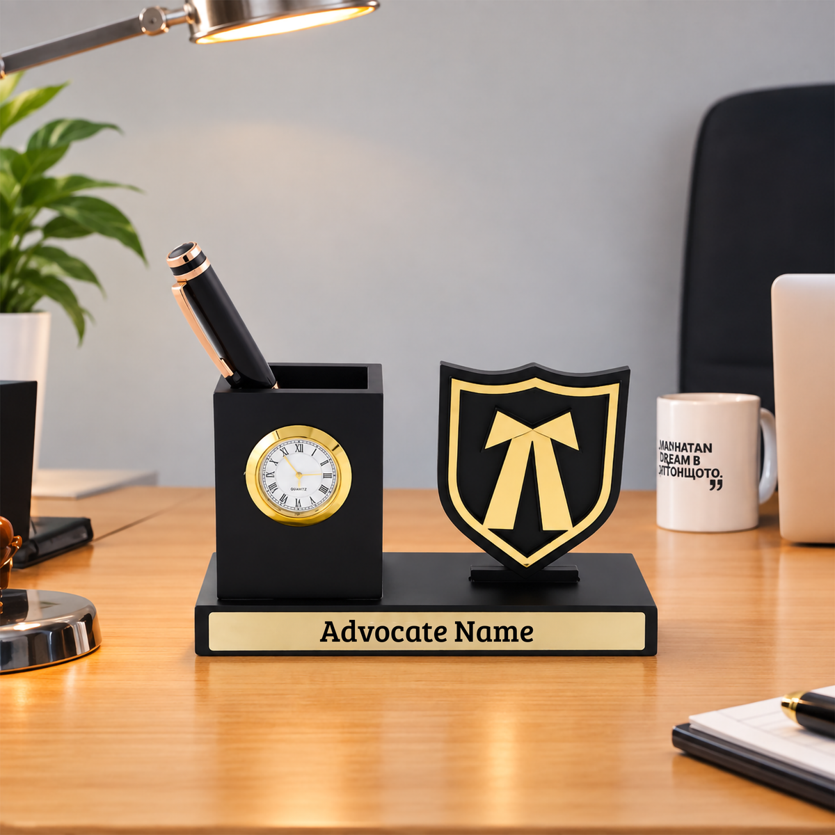 Personalized Advocate Desk Organizer with Clock & Pen Stand