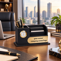 Premium Black & Gold  Wooden Desk Organizer with Oval Name Plate, Clock & Pen Holder