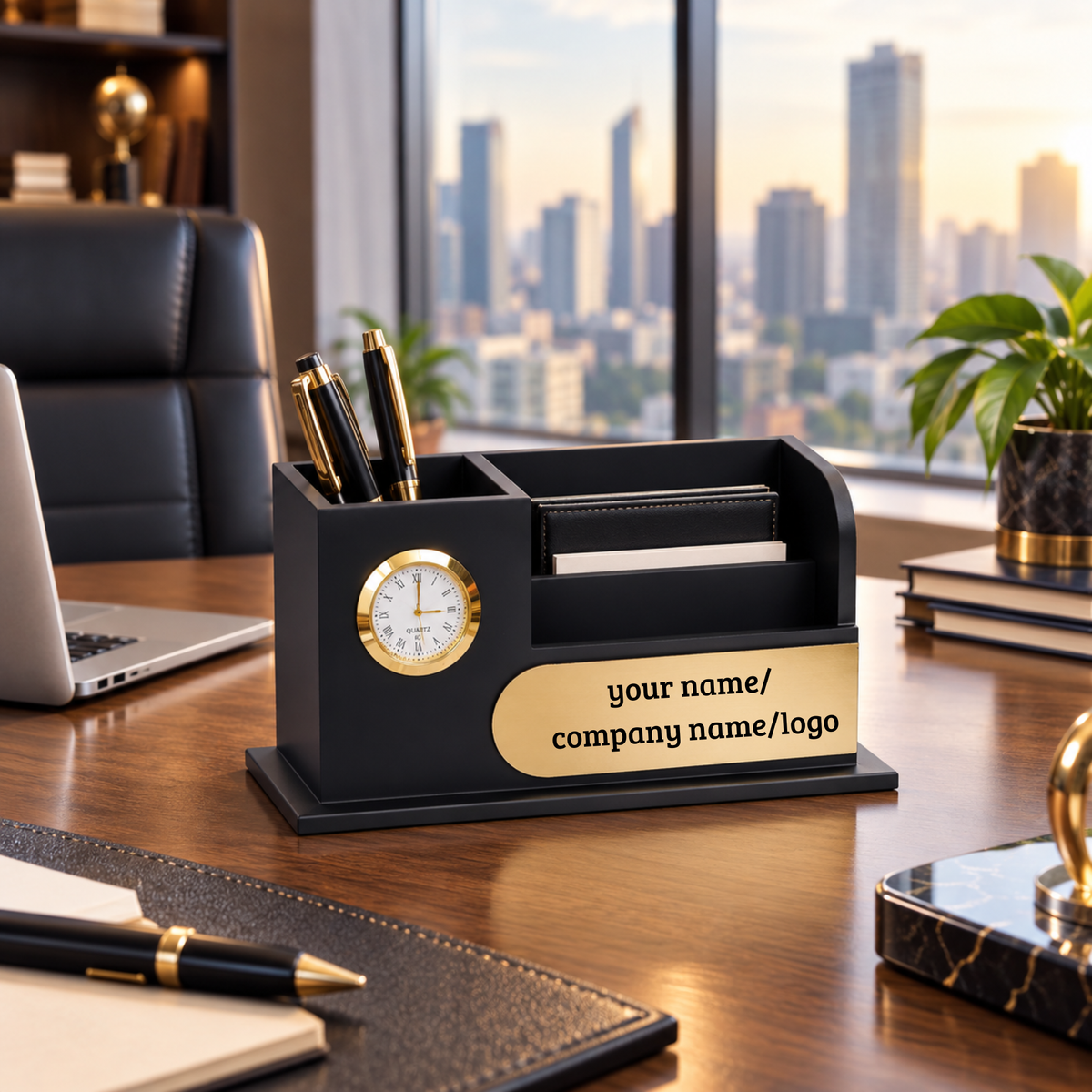 Premium Black & Gold  Wooden Desk Organizer with Oval Name Plate, Clock & Pen Holder