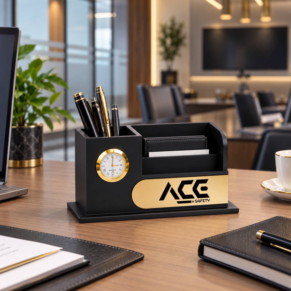 Premium Black & Gold  Wooden Desk Organizer with Oval Name Plate, Clock & Pen Holder