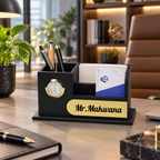 Premium Black & Gold  Wooden Desk Organizer with Oval Name Plate, Clock & Pen Holder