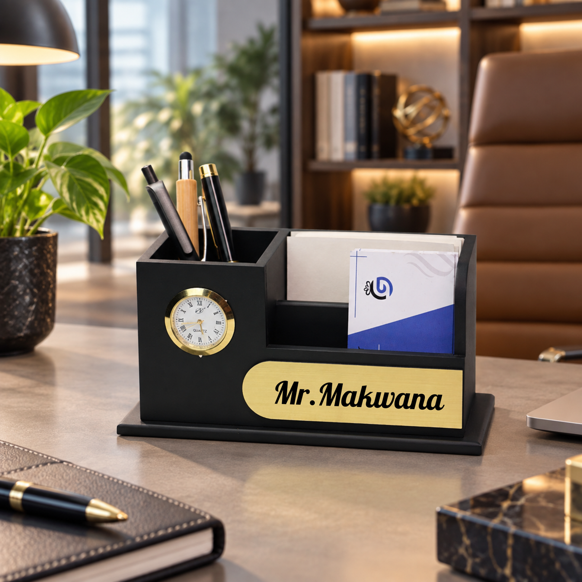 Premium Black & Gold  Wooden Desk Organizer with Oval Name Plate, Clock & Pen Holder