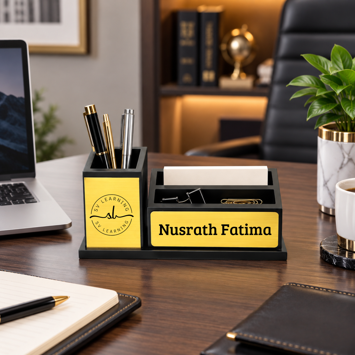 Premium Wooden Desk Organizer with Multi-Compartment Pen & Card Holder