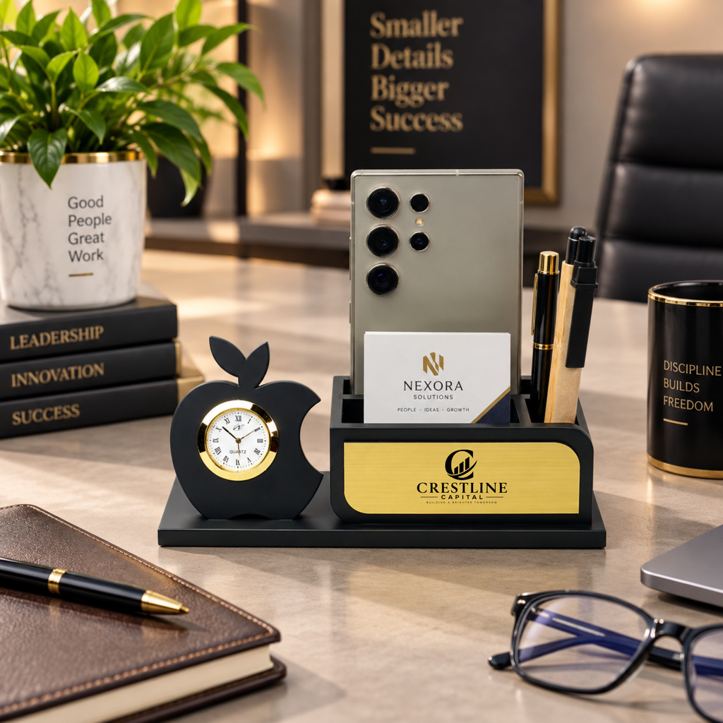 Premium Apple-Shaped Wooden Desk Organizer with Analog Clock & Multi-Compartment Pen Holde