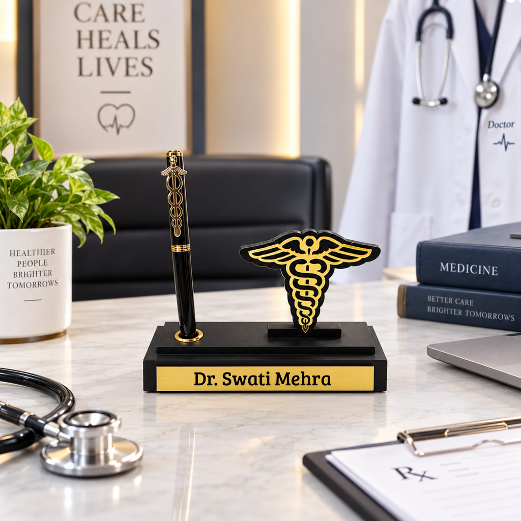 Personalized Doctor Desk Organizer with Caduceus Symbol & Pen Holder