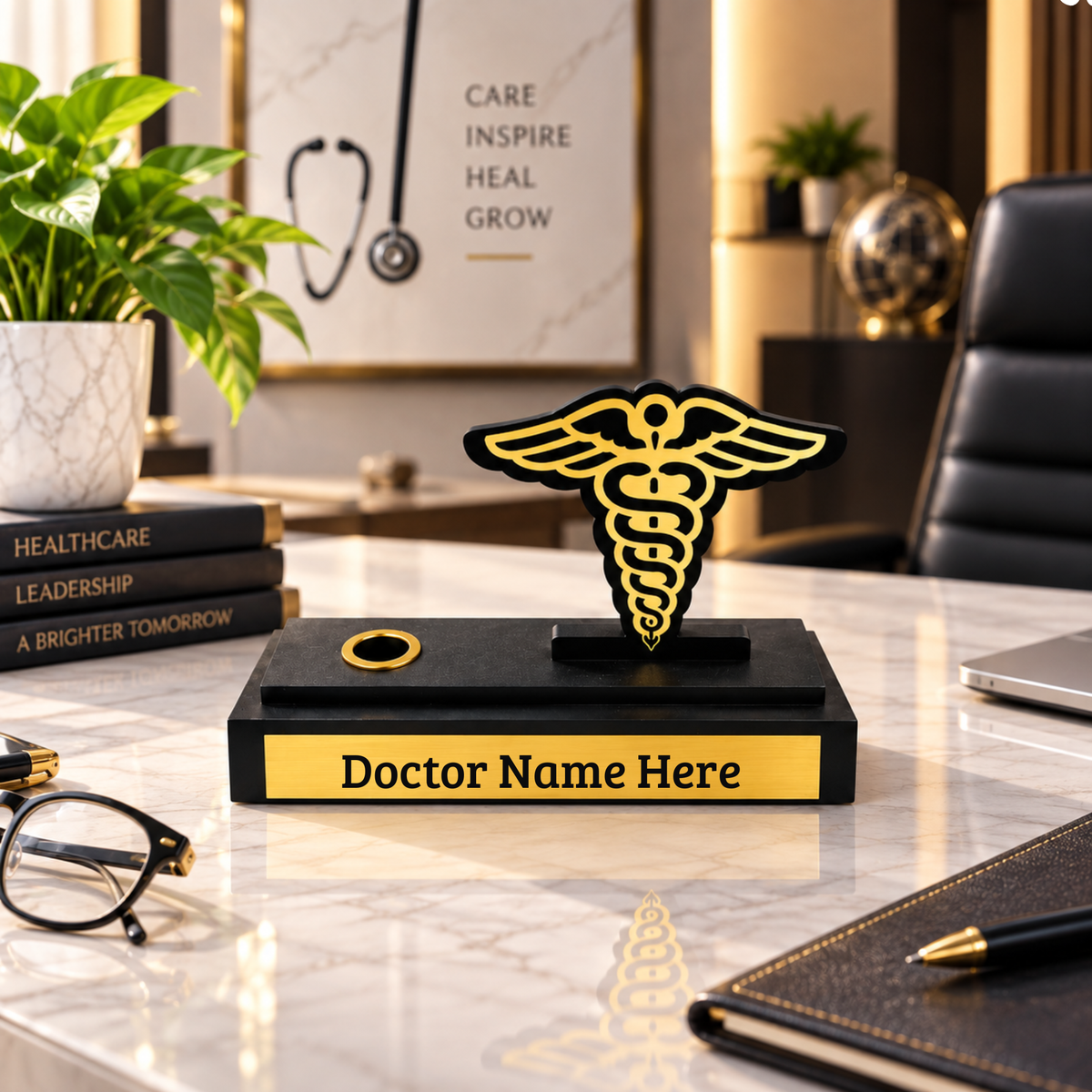 Personalized Doctor Desk Organizer with Caduceus Symbol & Pen Holder
