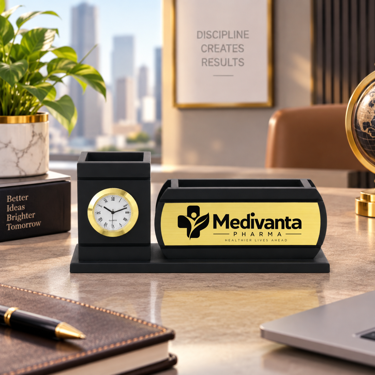Personalized Curved-Front Black & Gold Wooden Desk Organizer with Analog Clock & Pen Holder