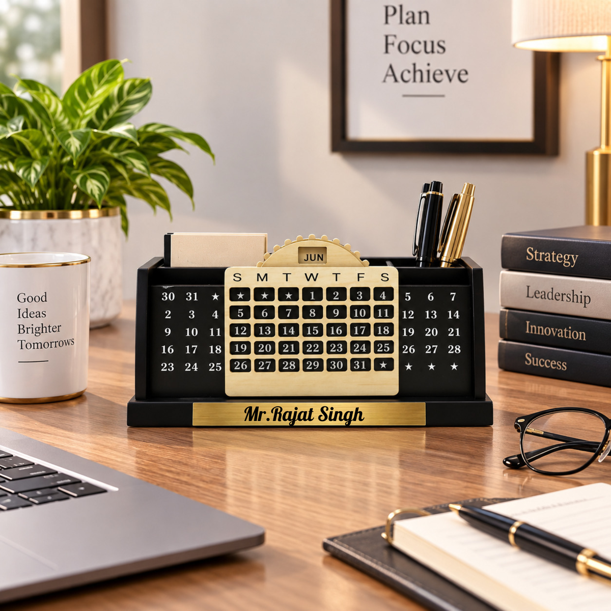 Premium  Wooden Calendar Desk Organizer with Pen & Card Holder