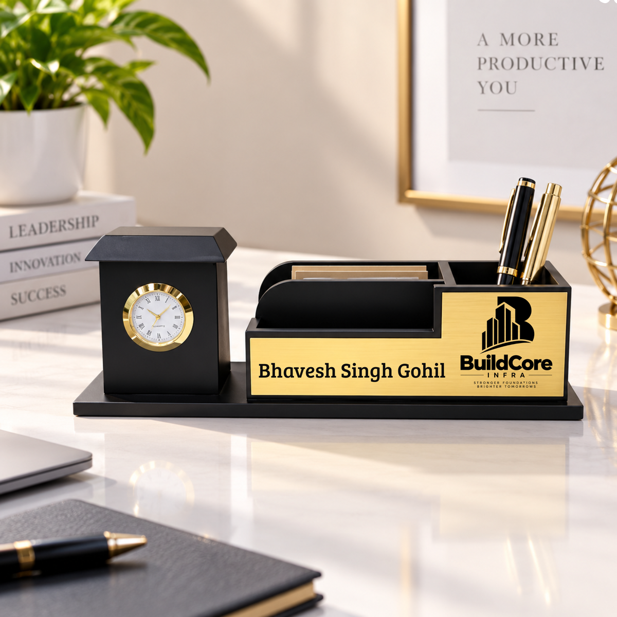 Premium House-Style Wooden Desk Organizer with Analog Clock, Pen & Card Holder