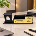 Premium House-Style Wooden Desk Organizer with Analog Clock, Pen & Card Holder