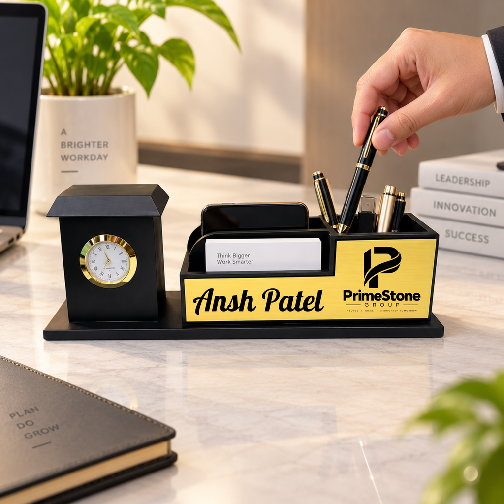 Premium House-Style Wooden Desk Organizer with Analog Clock, Pen & Card Holder