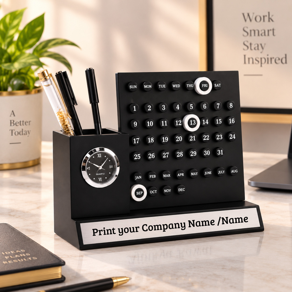 Premium Black & Silver Wooden Calendar Desk Organizer with Analog Clock & Pen Holder