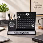 Premium Black & Silver Wooden Calendar Desk Organizer with Analog Clock & Pen Holder