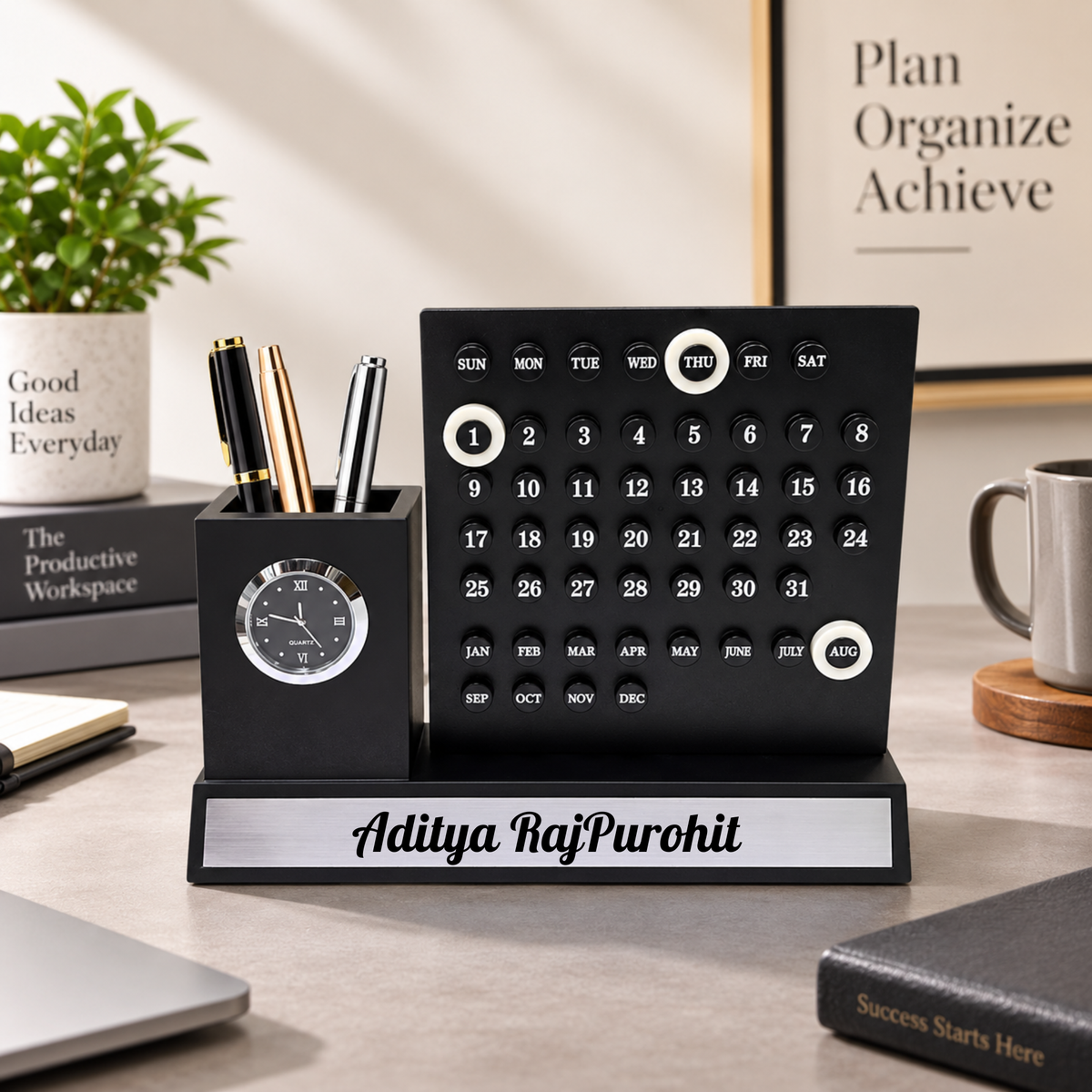 Premium Black & Silver Wooden Calendar Desk Organizer with Analog Clock & Pen Holder
