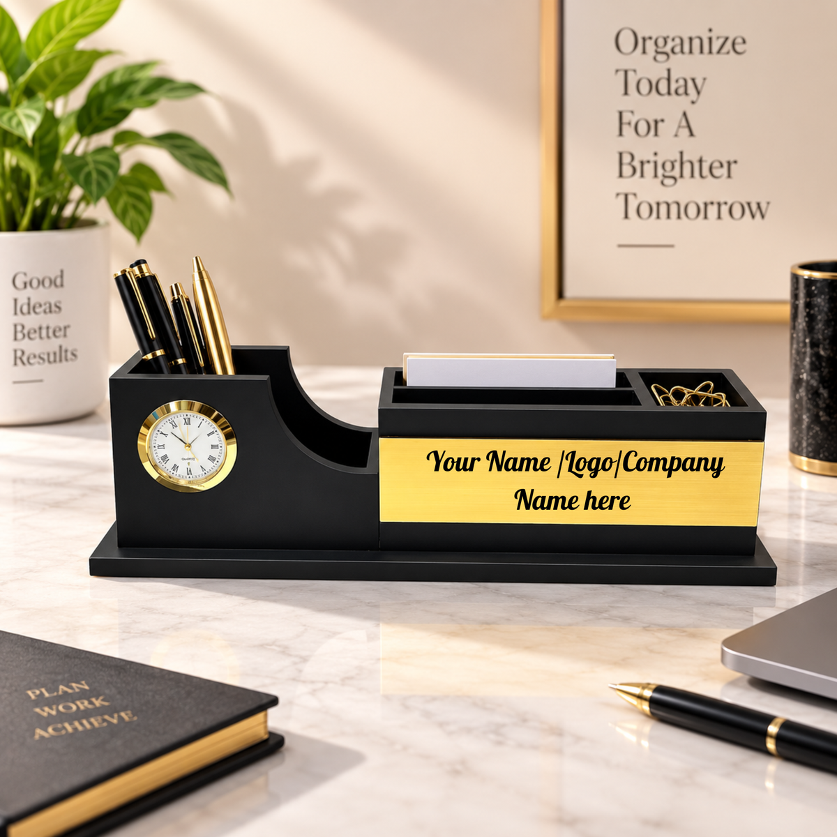 Black & Gold Curved Wooden Desk Organizer with Clock