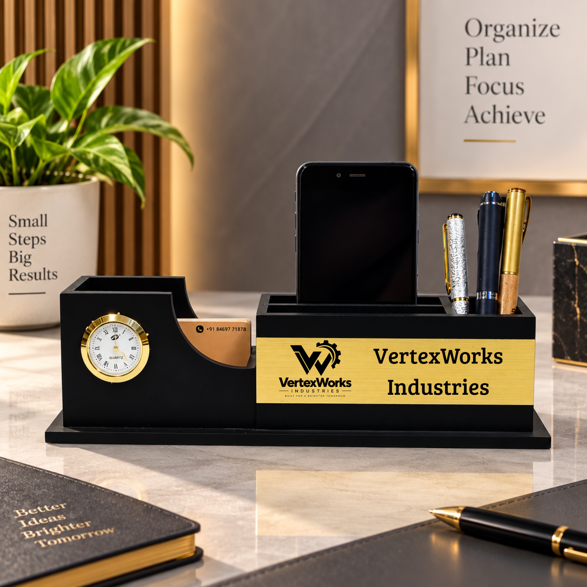 Black & Gold Curved Wooden Desk Organizer with Clock