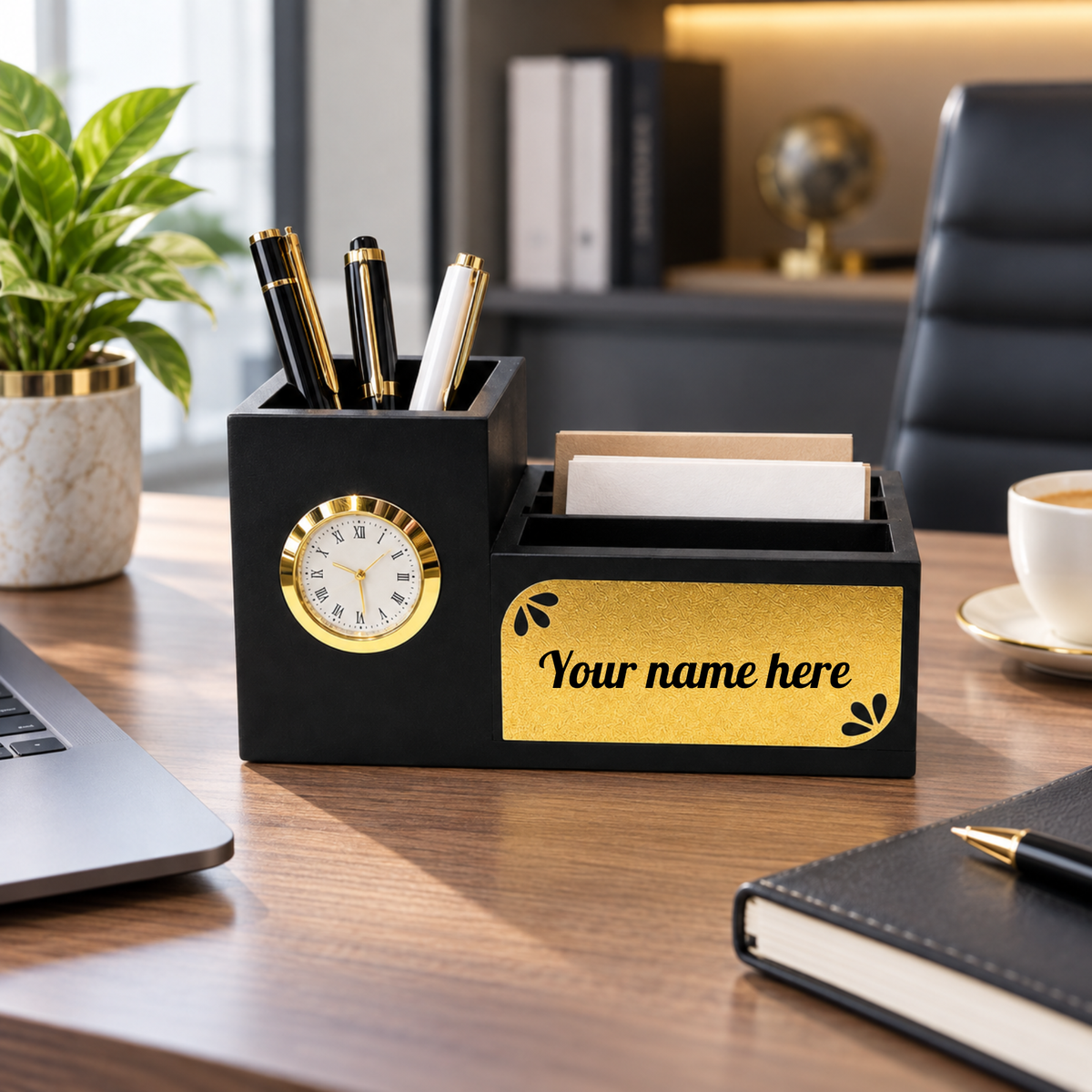Premium Floral Black & Gold Wooden Desk Organizer with Clock