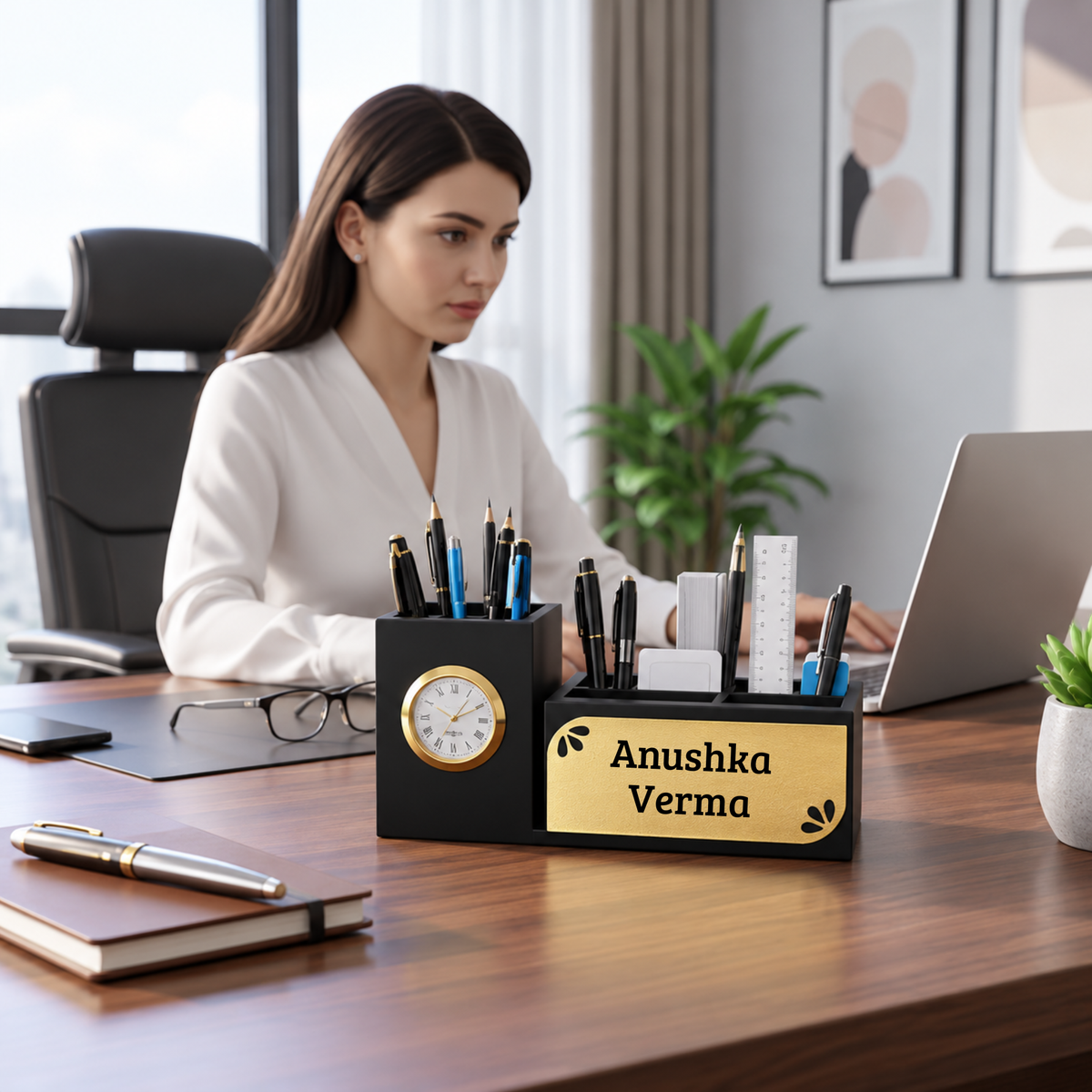 Premium Floral Black & Gold Wooden Desk Organizer with Clock