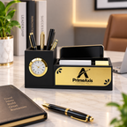 Premium Floral Black & Gold Wooden Desk Organizer with Clock