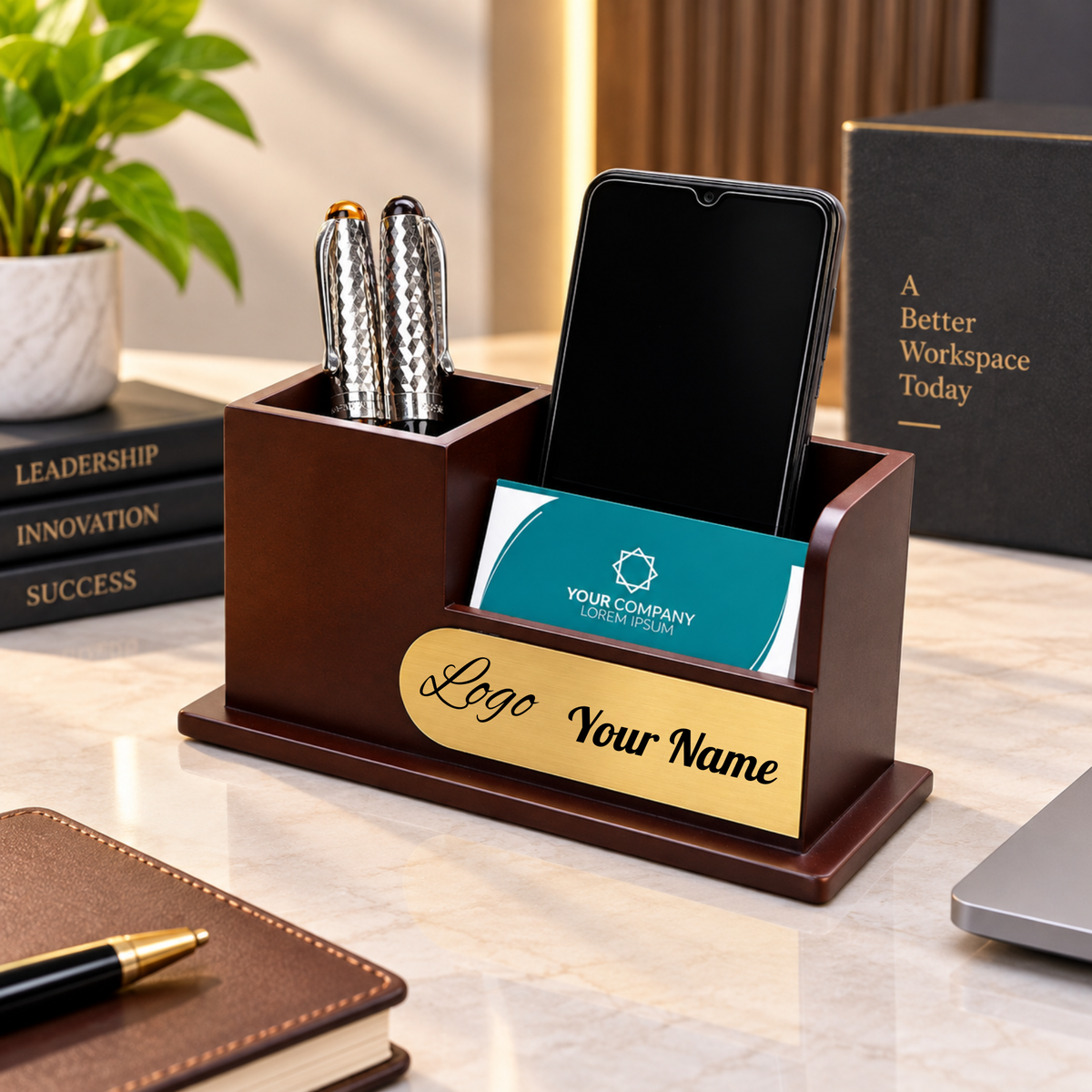 Premium Brown Wooden Desk Organizer with Mobile Holder & Pen Stand