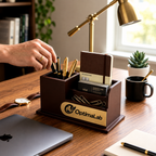 Premium Brown Wooden Desk Organizer with Mobile Holder & Pen Stand