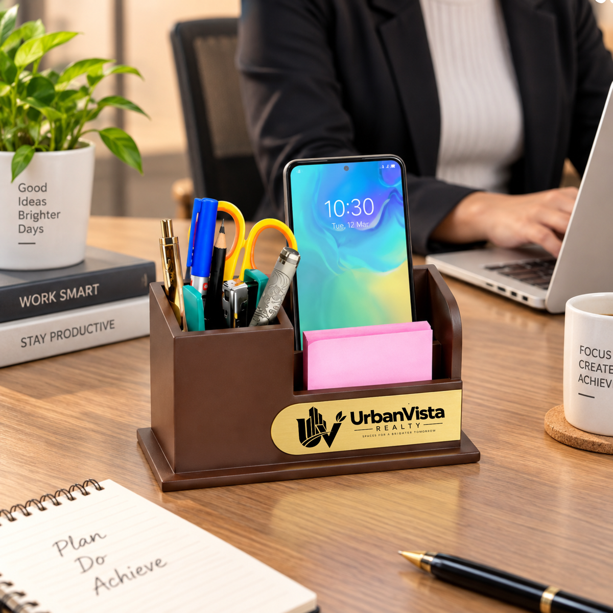 Premium Brown Wooden Desk Organizer with Mobile Holder & Pen Stand