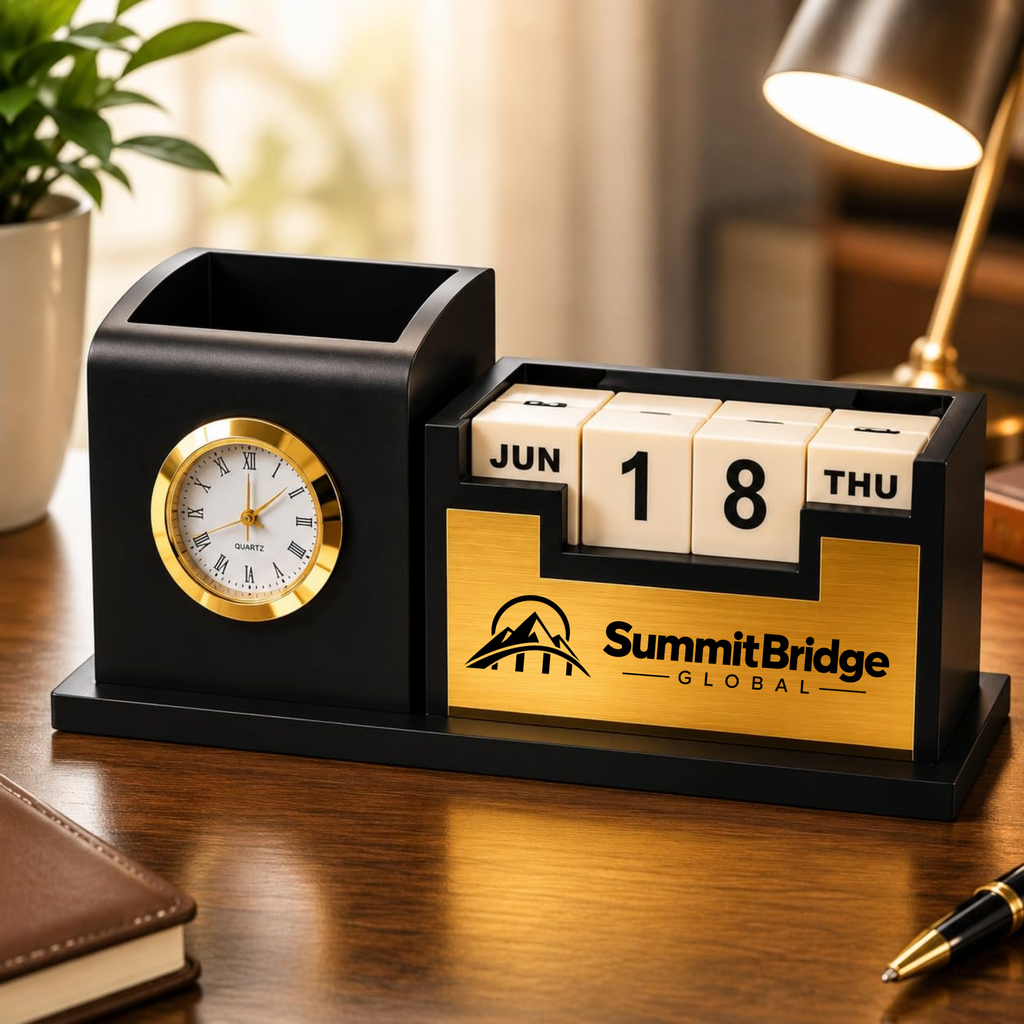Premium Black & Gold Wooden Perpetual Calendar Desk Organizer with Clock