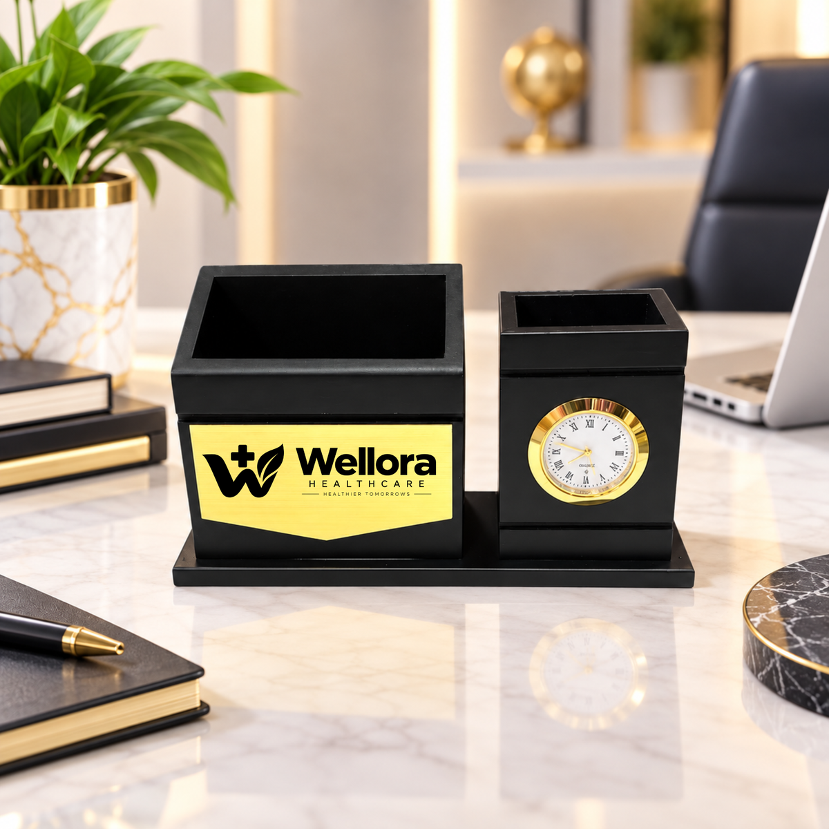 Premium Black & Gold Wooden Dual-Compartment Desk Organizer with Analog Clock