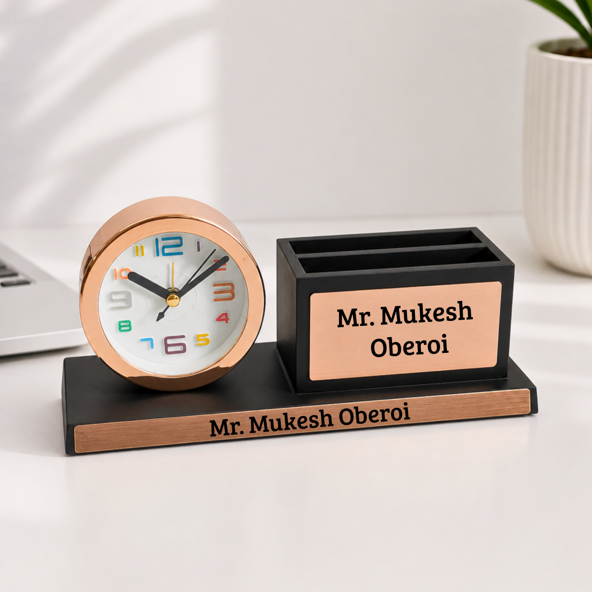 Personalized Executive Rose Gold Desk Clock Stand for Corporate Gifting