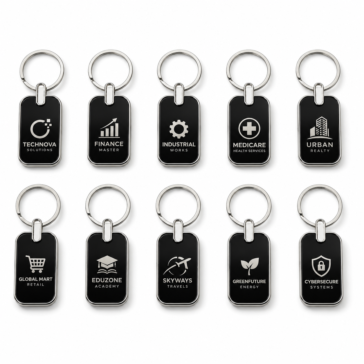 Set of black keychains with various company logos on a white background