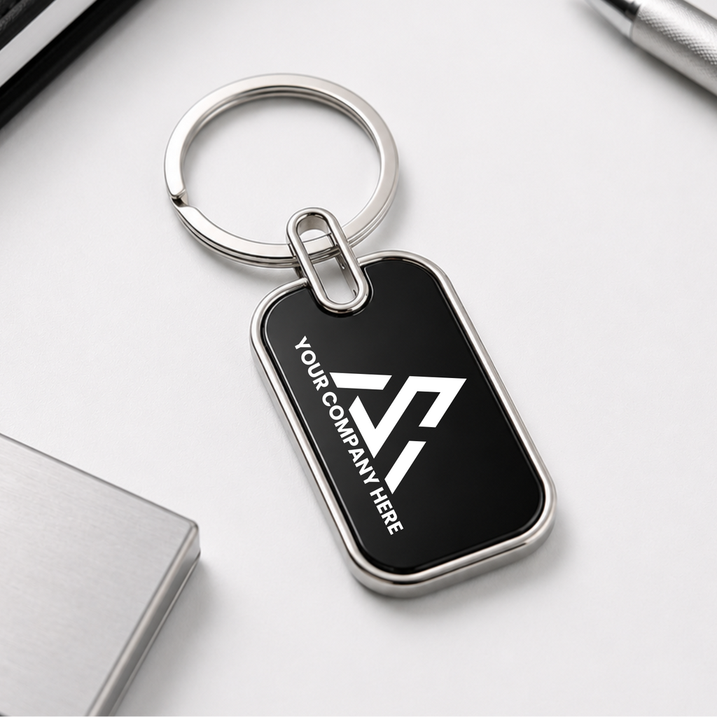 Black keychain with a silver ring on a white surface with office supplies.