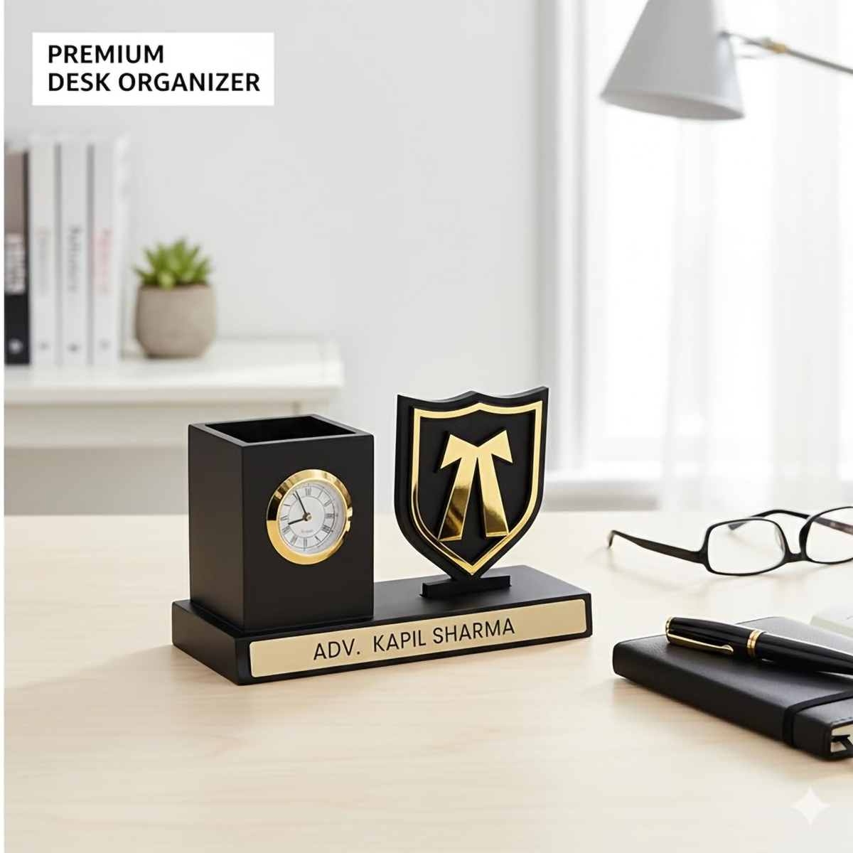 Personalized Advocate Desk Organizer with Clock & Pen Stand