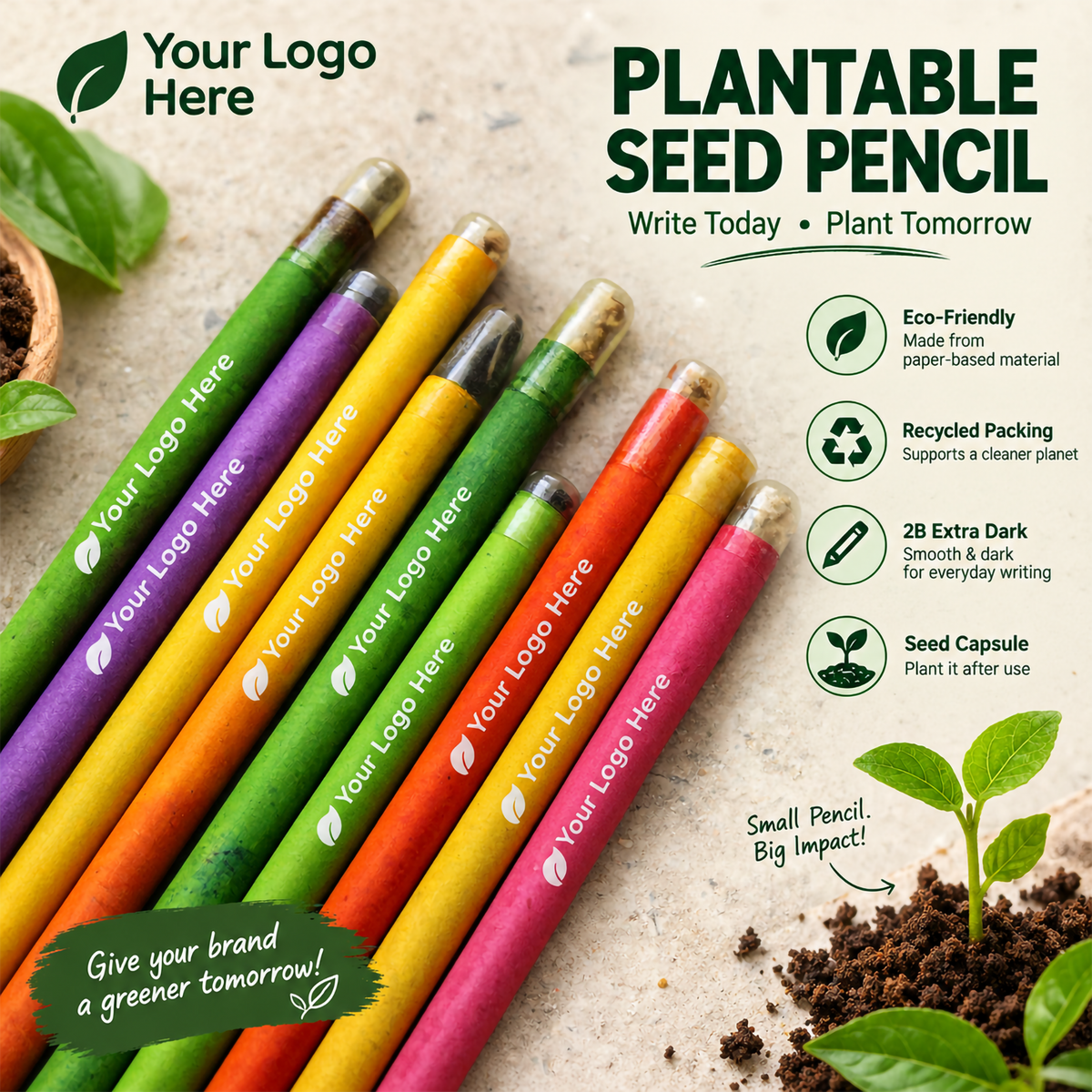 Plantable Seed Pencil | 2B Extra Dark Recycled Paper Eco-Friendly Corporate Gift