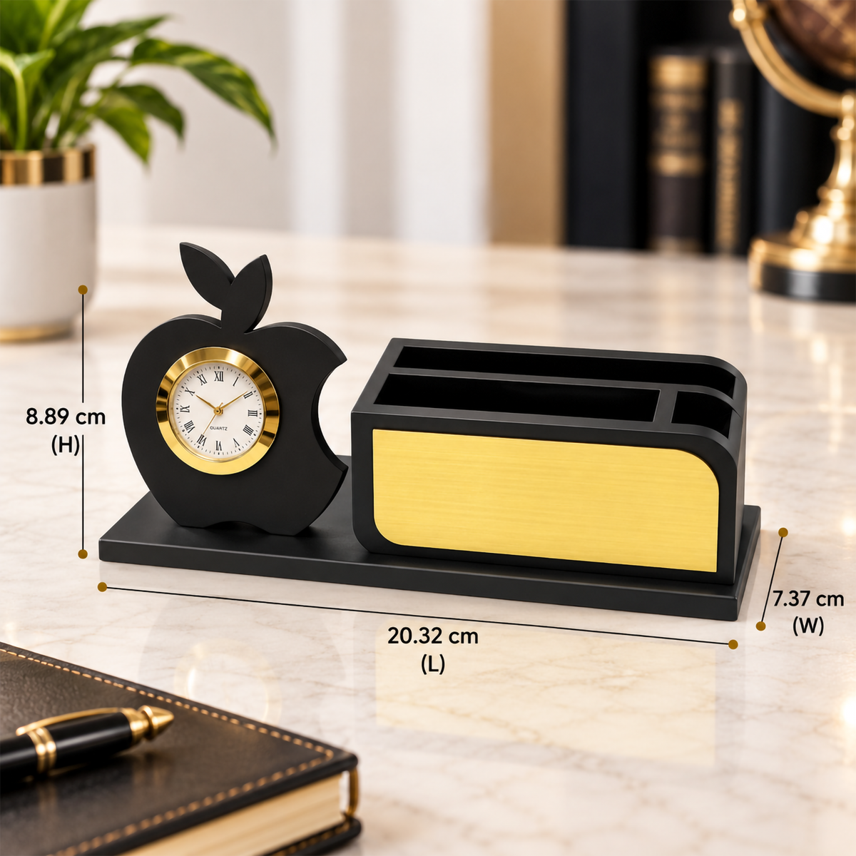 Premium Apple-Shaped Wooden Desk Organizer with Analog Clock & Multi-Compartment Pen Holde