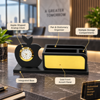 Premium Apple-Shaped Wooden Desk Organizer with Analog Clock & Multi-Compartment Pen Holde