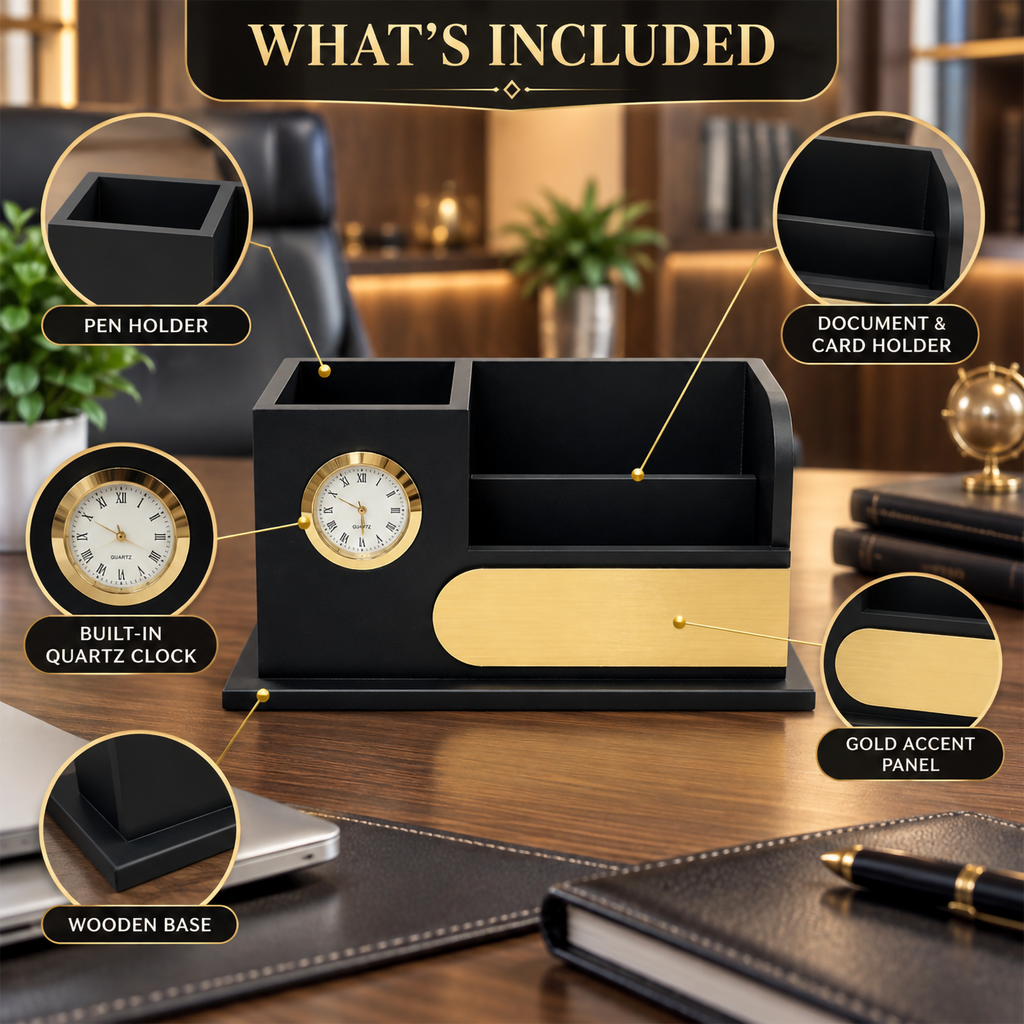 Premium Black & Gold  Wooden Desk Organizer with Oval Name Plate, Clock & Pen Holder