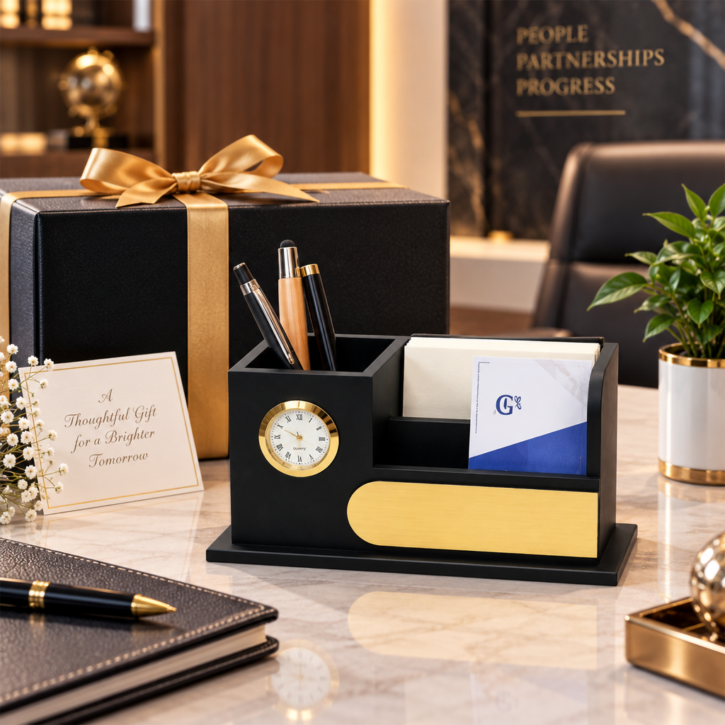 Premium Black & Gold  Wooden Desk Organizer with Oval Name Plate, Clock & Pen Holder