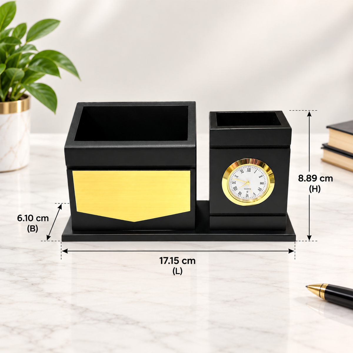 Premium Black & Gold Wooden Dual-Compartment Desk Organizer with Analog Clock