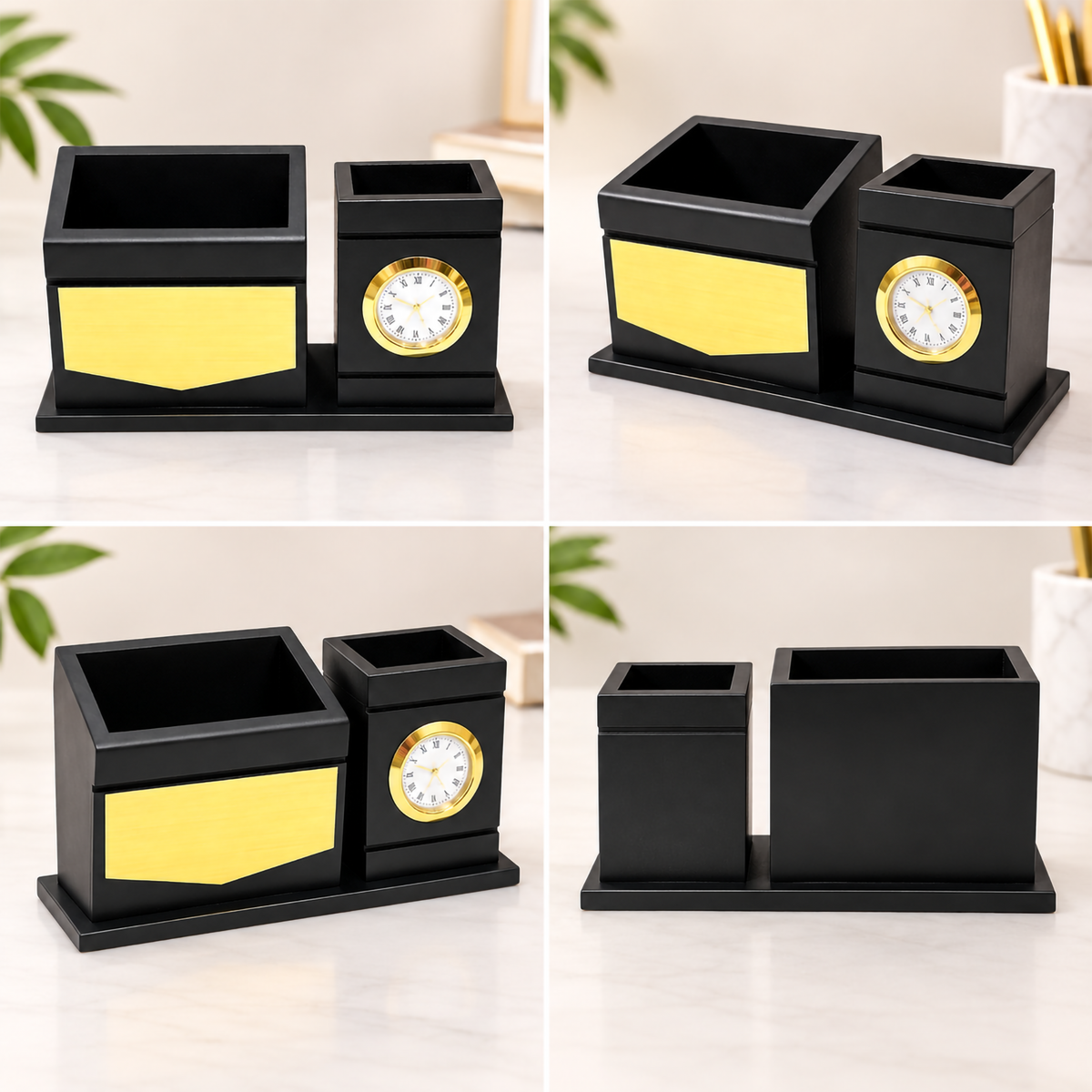 Premium Black & Gold Wooden Dual-Compartment Desk Organizer with Analog Clock