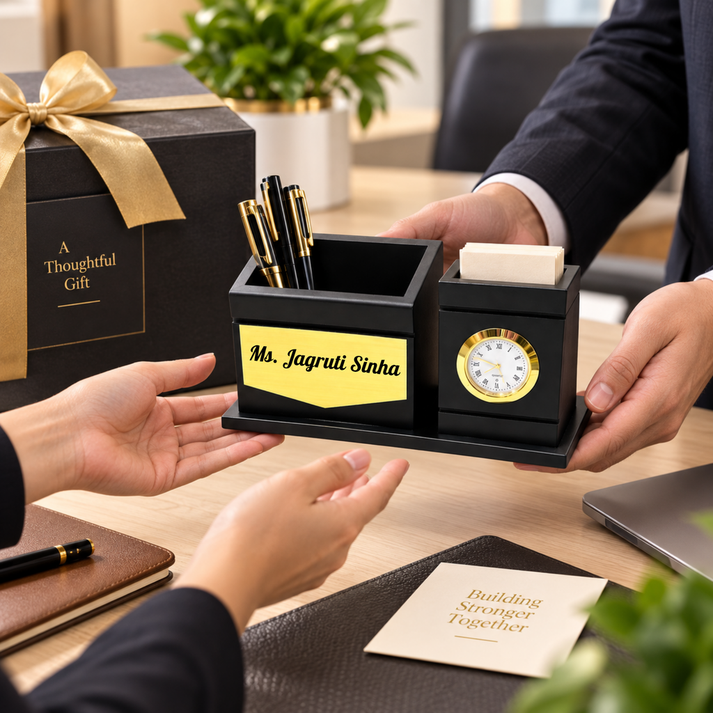 Premium Black & Gold Wooden Dual-Compartment Desk Organizer with Analog Clock