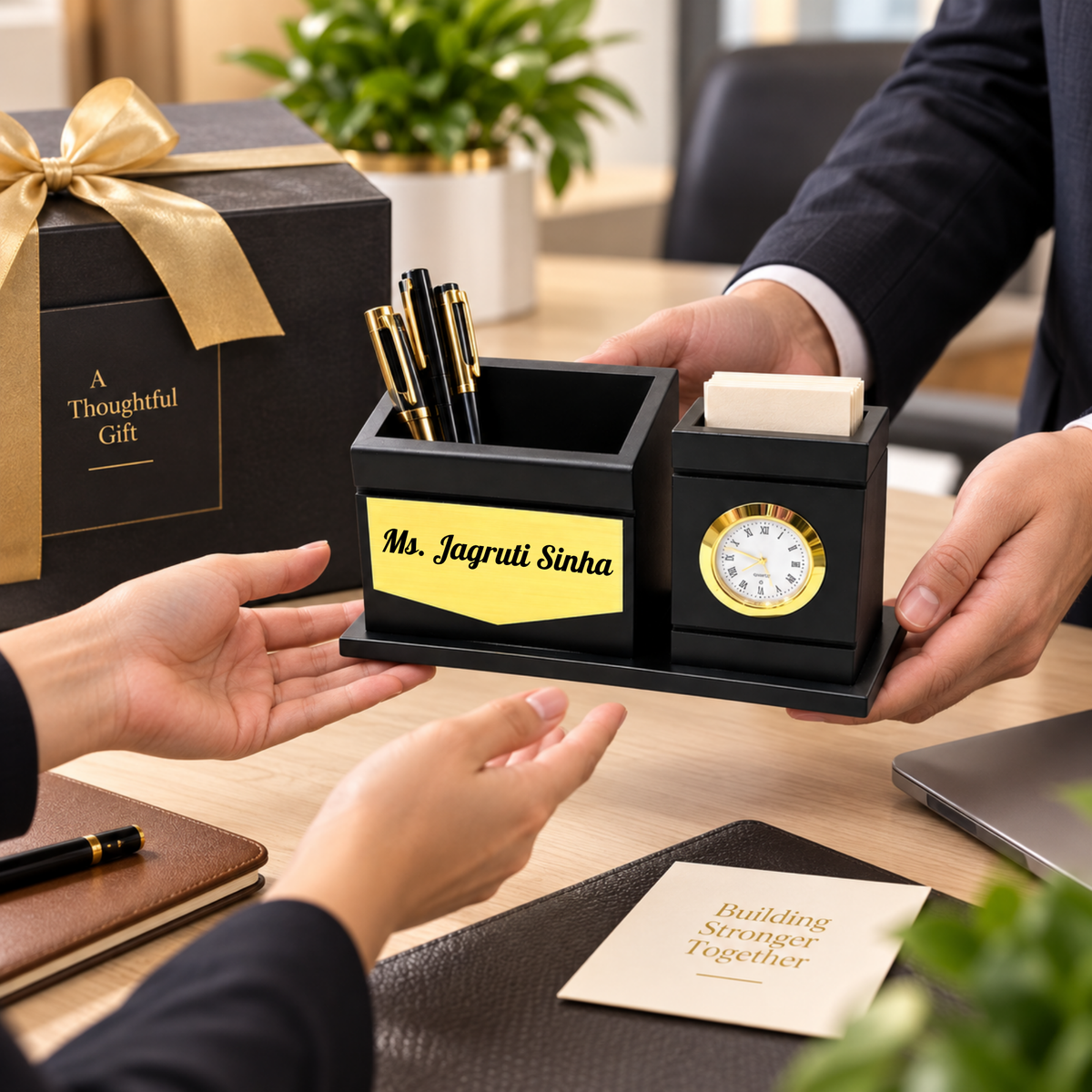 Premium Black & Gold Wooden Dual-Compartment Desk Organizer with Analog Clock