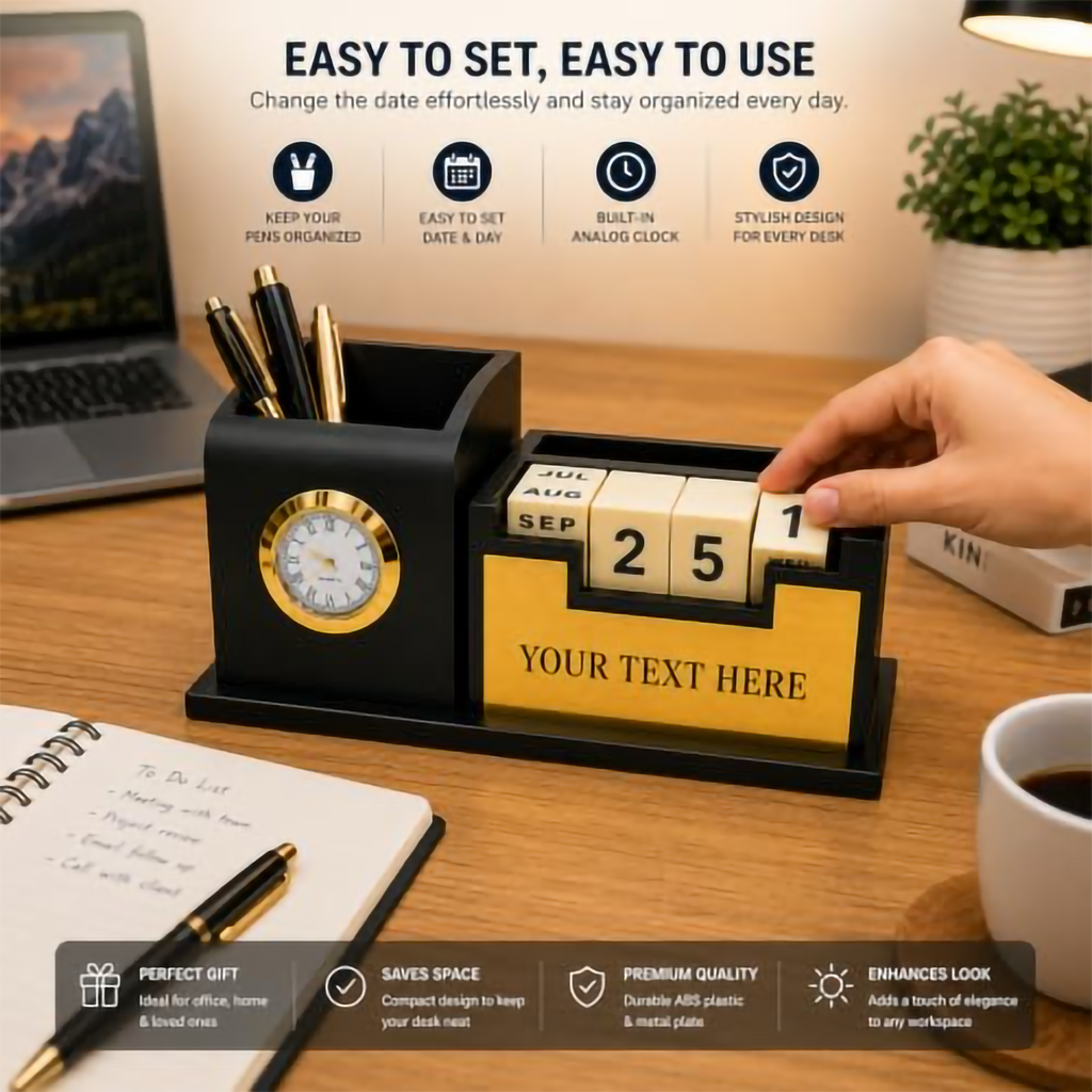 Premium Black & Gold Wooden Perpetual Calendar Desk Organizer with Clock