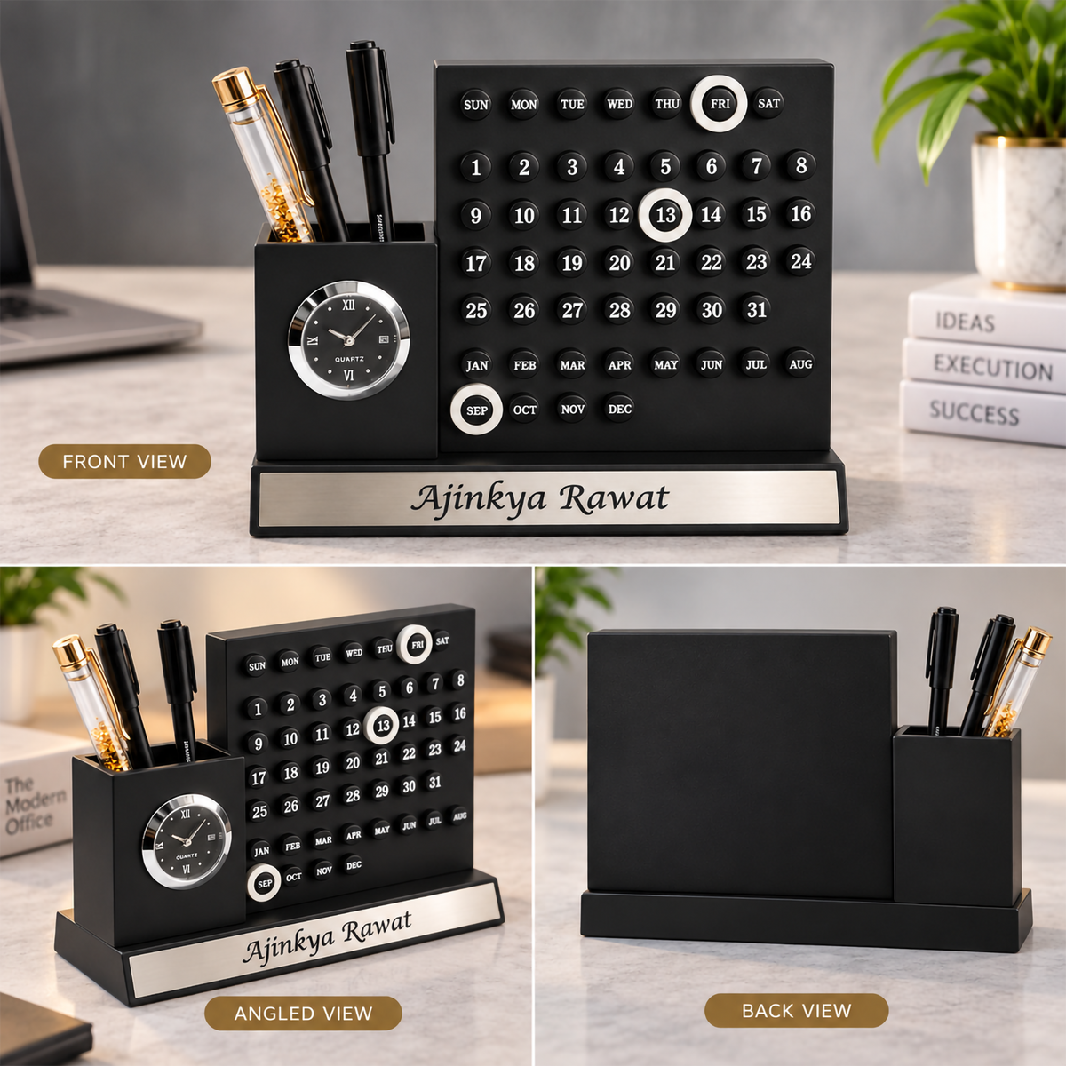 Premium Black & Silver Wooden Calendar Desk Organizer with Analog Clock & Pen Holder