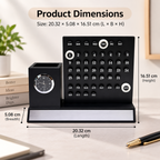 Premium Black & Silver Wooden Calendar Desk Organizer with Analog Clock & Pen Holder